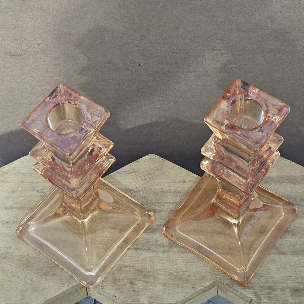 Stunning Franco Creazioni Exclusive Peach/Salmon Glass Candle Holder Set Italy - Picture 3 of 10